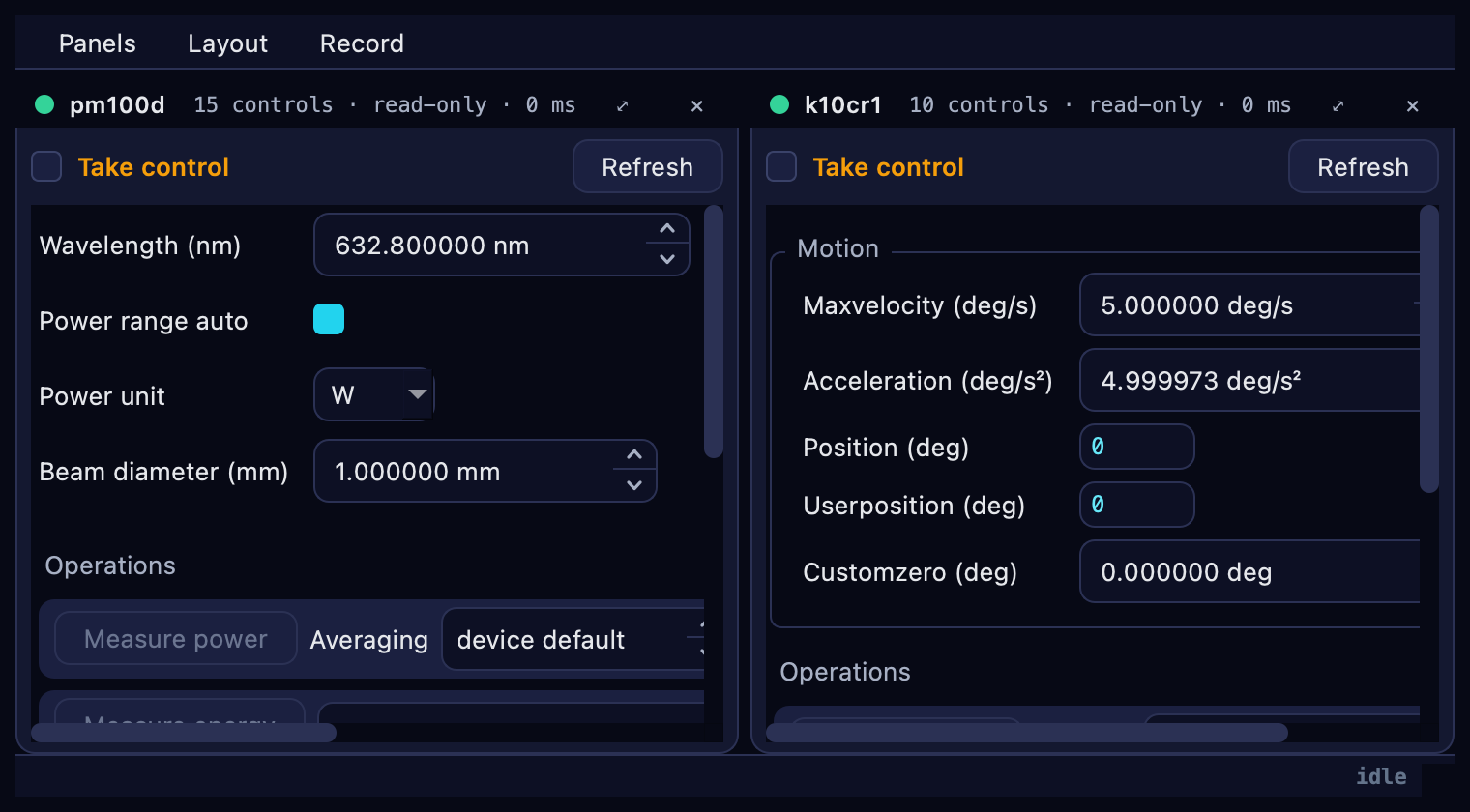 The Control window: a power meter and a rotation stage, each read-only until Take control is ticked