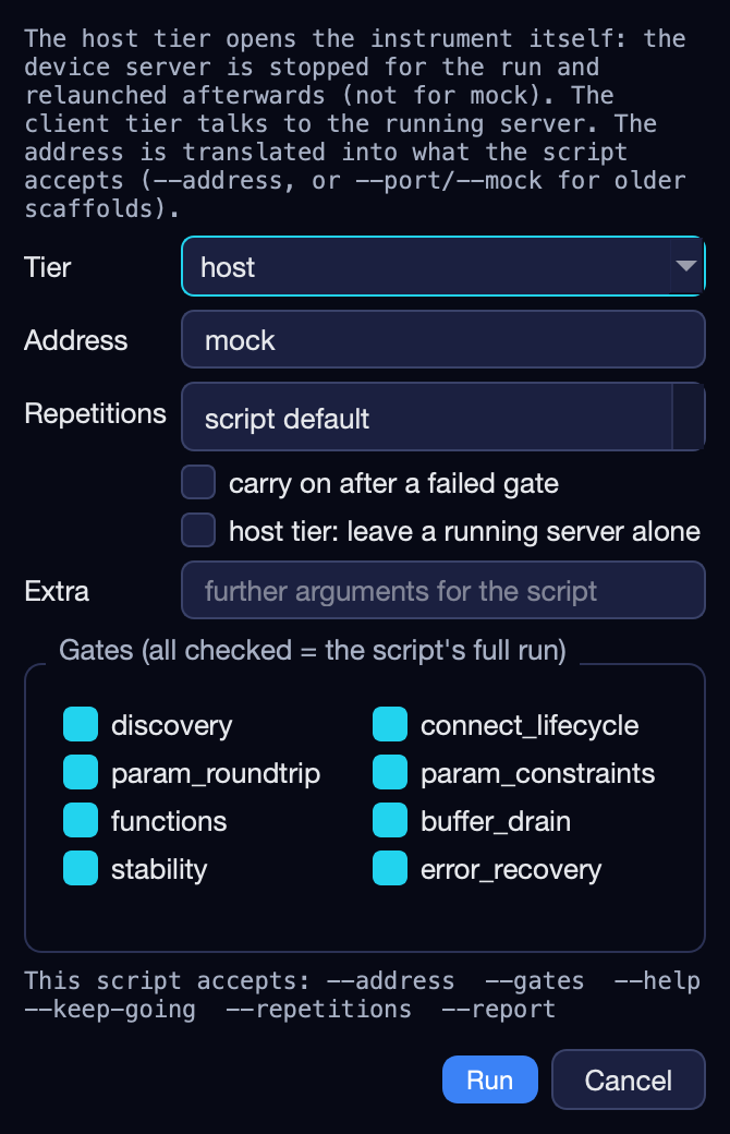 The Field test dialog: tier, address, repetitions, keep-going, and the gates to run