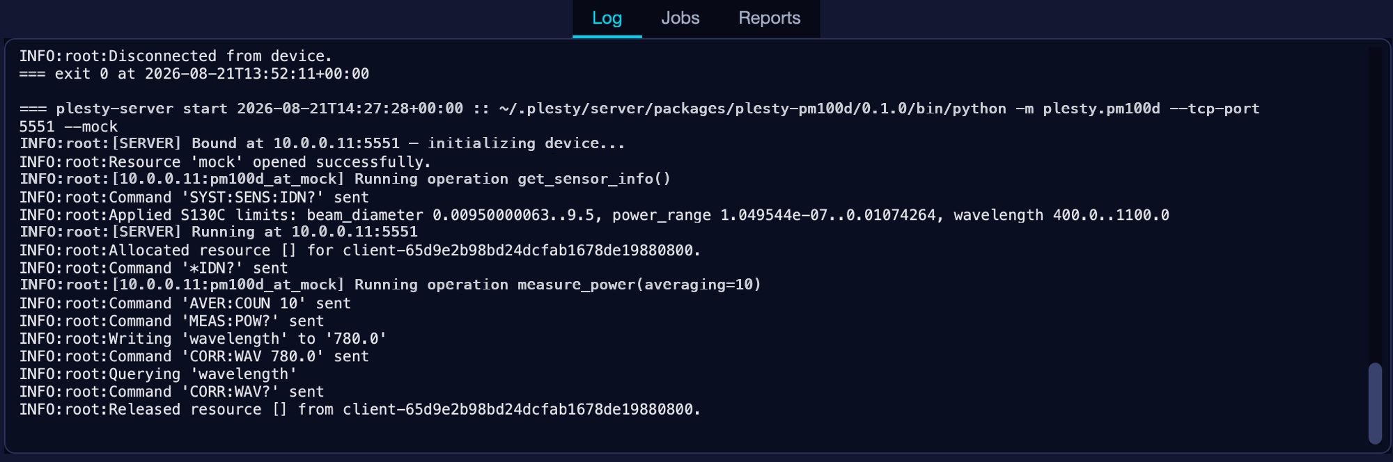 The device server's log while the client was talking to it