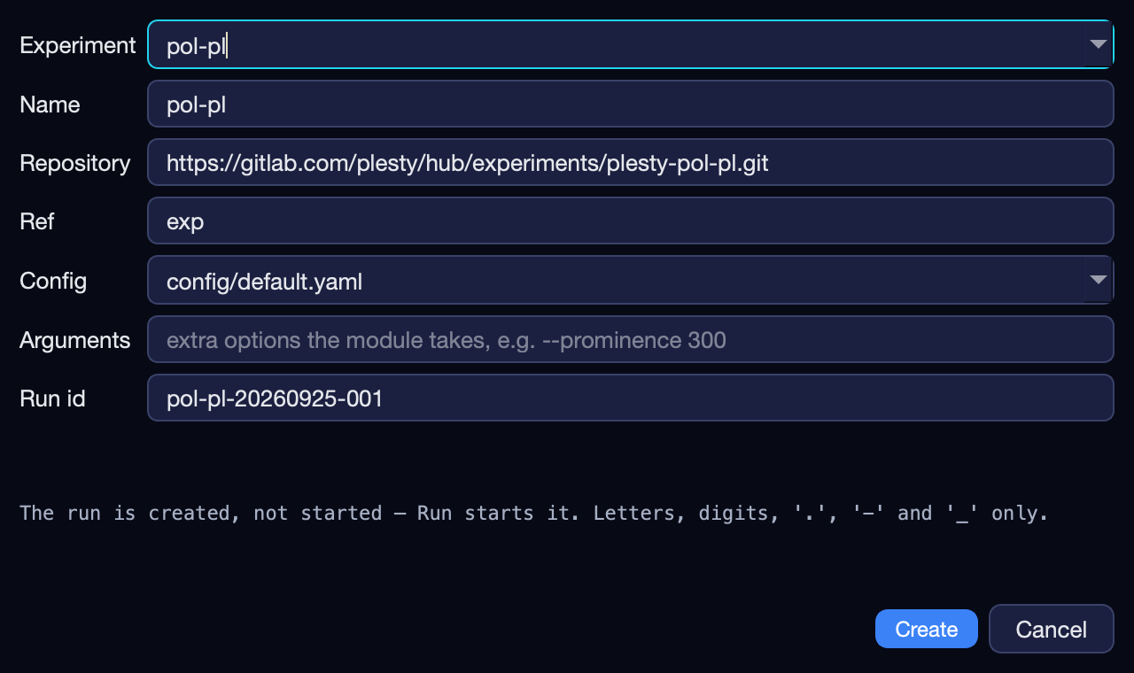 Create run: the experiment, its source, the configuration to start from, and the run id