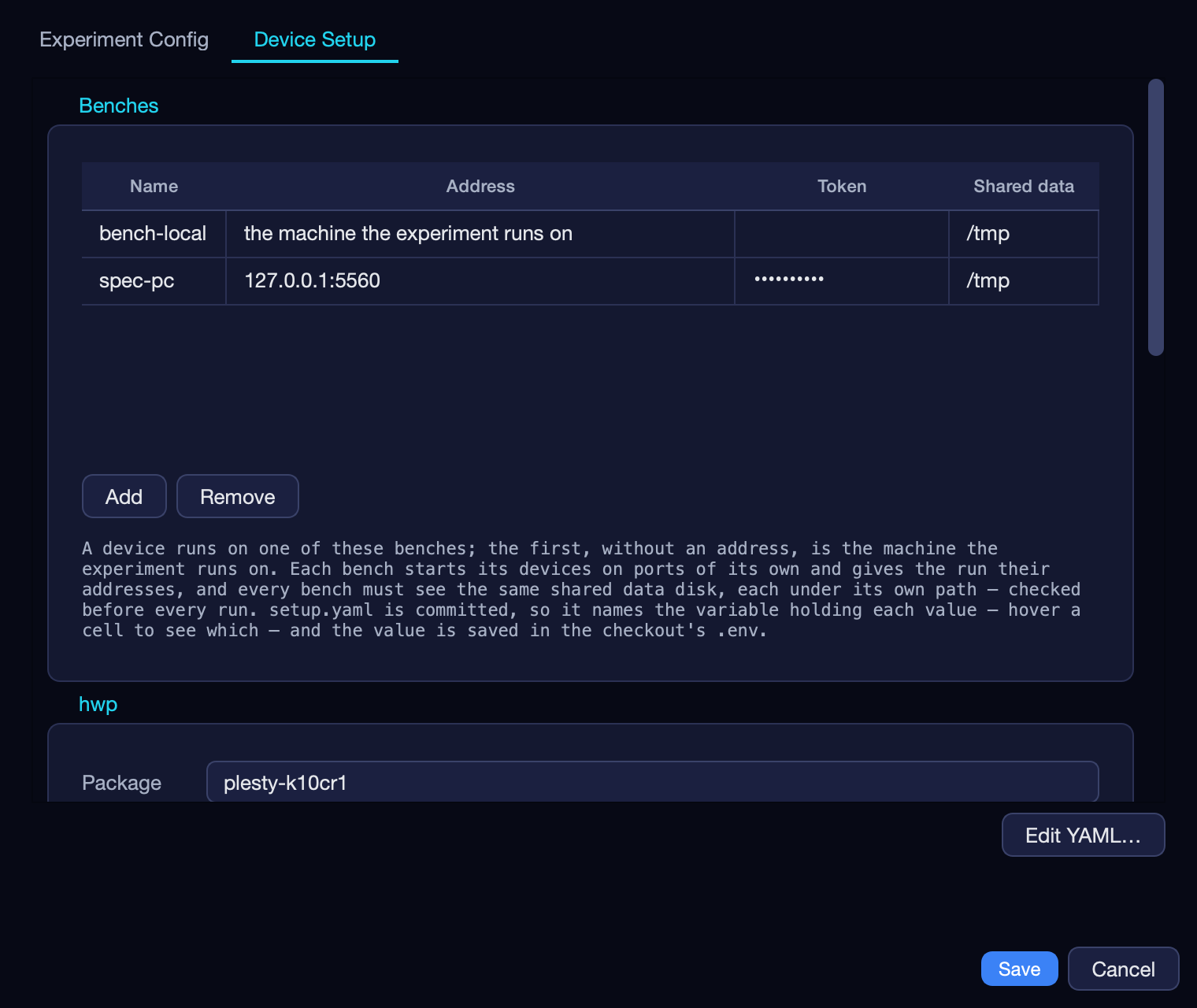 Device Setup: bench-local and spec-pc, each with where it sees the shared data disk