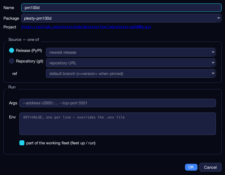 Add device: name, package, source, arguments and environment for a new instance