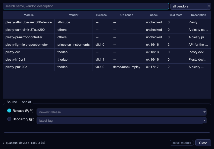 The hub catalogue inside the console: every module, what this bench already holds, and where to install it from