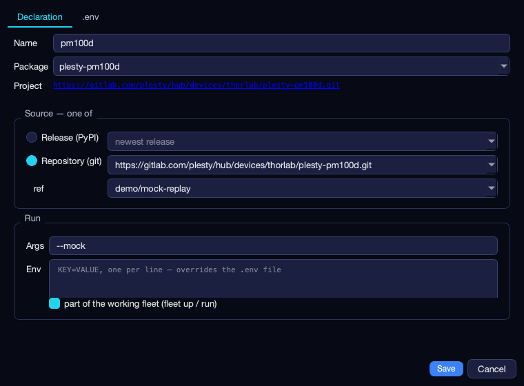 The device config dialog: name, package, source, ref, arguments and environment
