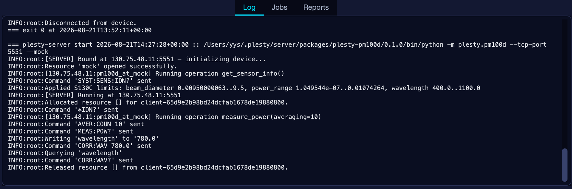 The device server's log while the client was talking to it