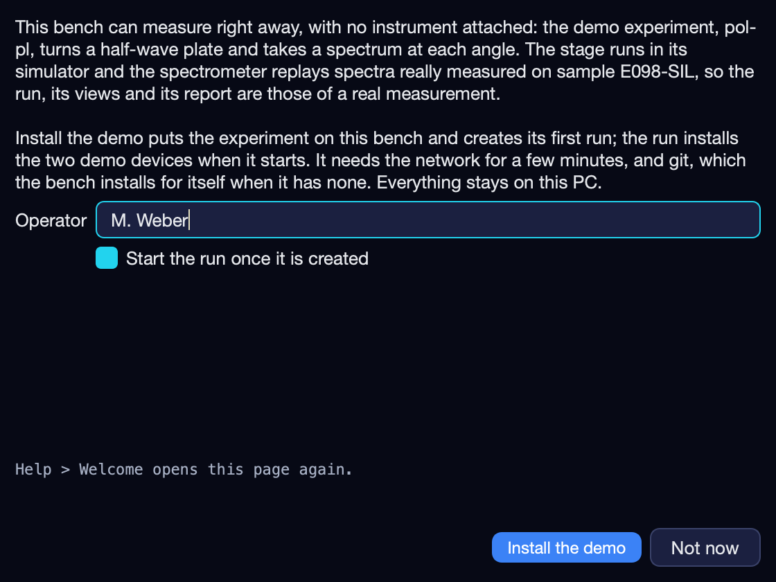 The Welcome to PLESTY Bench page, with the Operator field and the button that installs and starts the demo