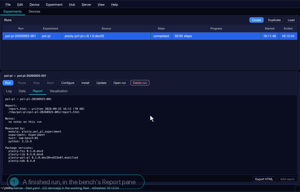 Pressing Export HTML in the bench's Report pane, then scrolling the exported report: run and bench info, device setup, configuration, the fine-structure analysis and the raw data.
