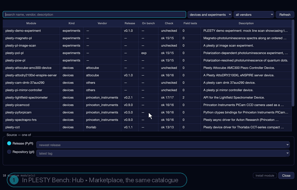 PLESTY Bench's marketplace: searching for power, selecting the Thorlabs power meter module and installing it, then the install job's log.
