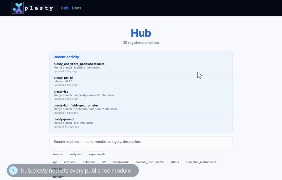 hub.plesty.net: searching for spectrometer, opening the LightField spectrometer's card and copying its install line, then filtering the list to experiments.
